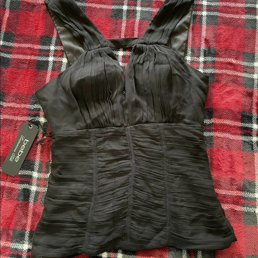 Bebe Luxurious Silk - Black Ruched Silk Blouse